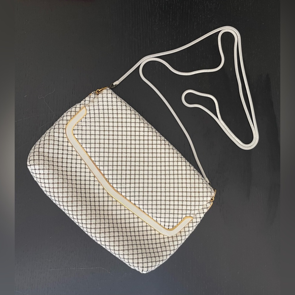 Vintage White and Gold Whiting & Davis white metal mesh crossbody evening bag
